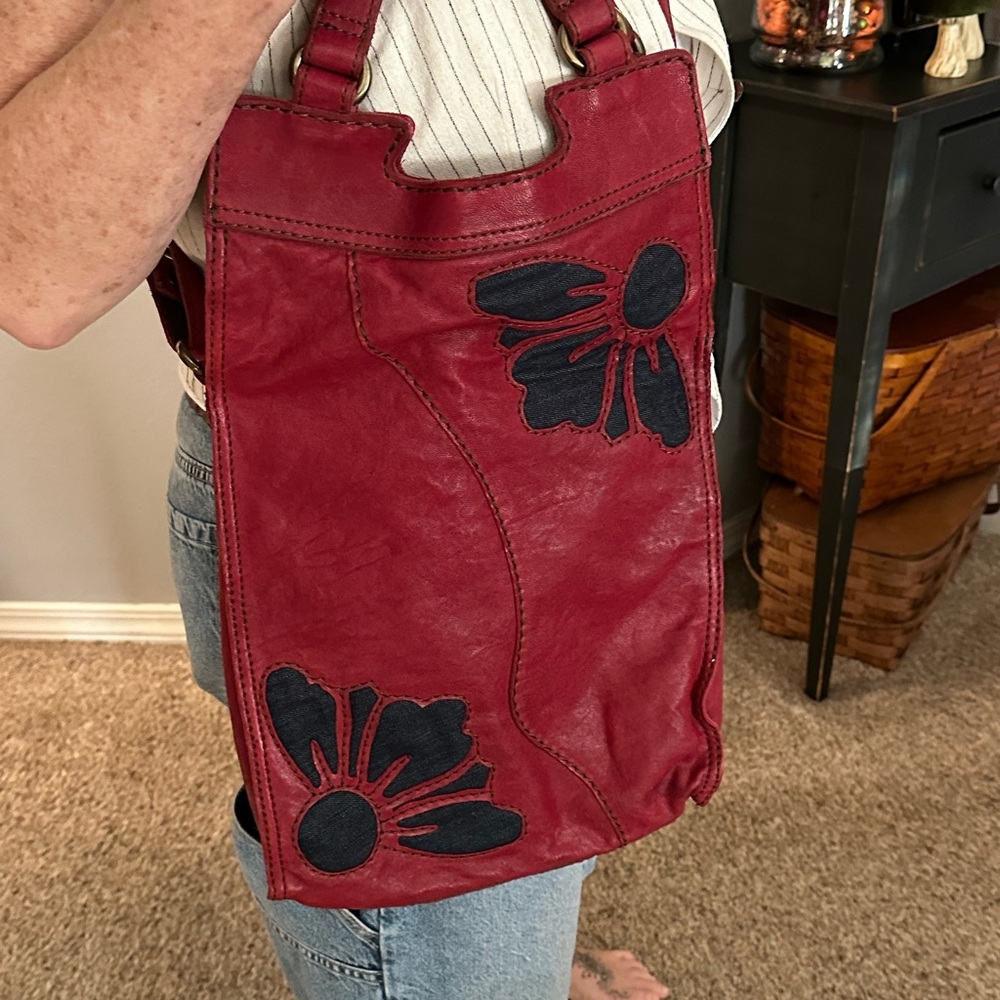 Lucky Brand Red Leather Shoulder Bag with Black Floral Design